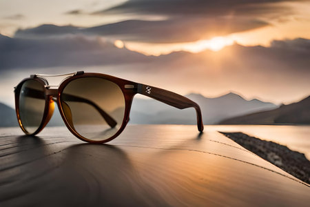 Sunglasses with brown glass on wooden table with mountain view at sunsetの素材