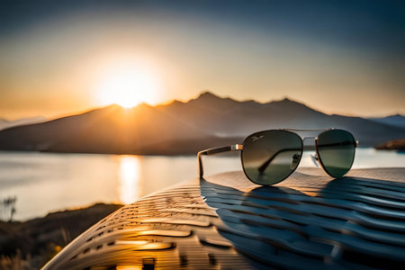Sunglasses on a table at sunset in the mountains. Selective focus.の素材