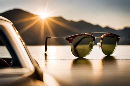 Sunglasses in the car on the background of mountains and sunsetの素材