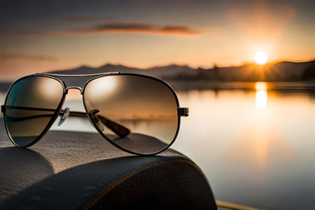 Sunglasses with reflection on the lake at sunset. Selective focus.の素材