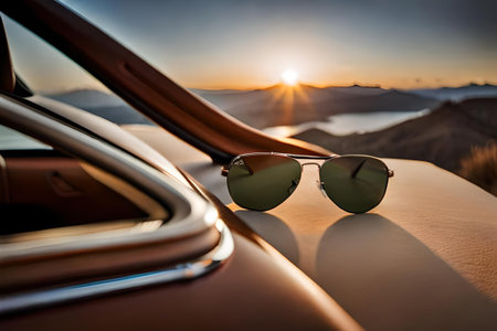 Sunglasses in the car at sunset. Vacation and travel conceptの素材