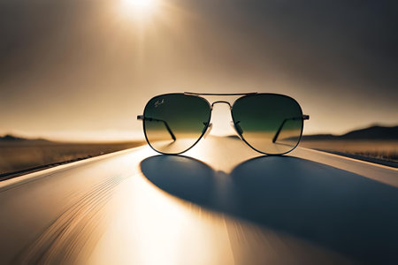Sunglasses with reflection on a book at sunset, travel conceptの素材