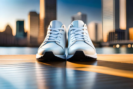 pair of white casual sport sneakers , trendy white shoes in urban environment , branding templateの素材