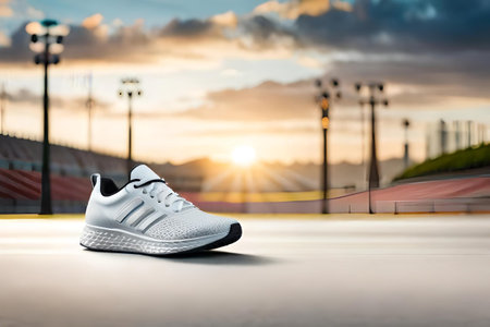Running shoes on the ice court with sunset sky background. 3d renderingの素材