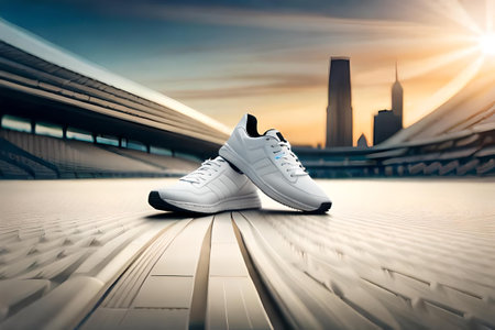 pair of white casual sport sneakers , trendy white shoes in urban environment , branding templateの素材
