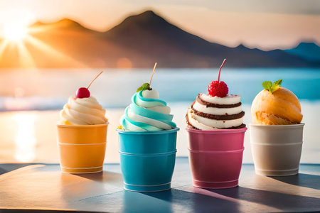 Colorful ice cream assortment , multi flavored frozen dessert on a white background, summer delicaciesの素材