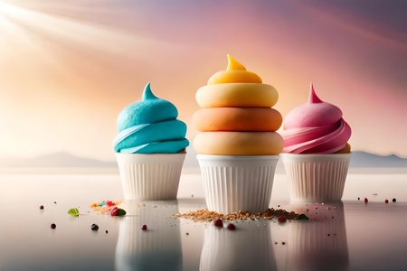 Colorful ice cream assortment , multi flavored frozen dessert on a white background, summer delicaciesの素材