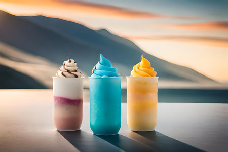 Colorful ice cream assortment , multi flavored frozen dessert on a white background, summer delicaciesの素材