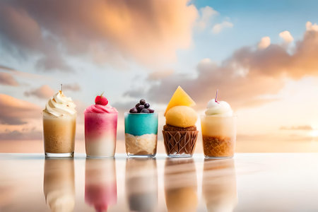 Colorful ice cream in glass on table with sunset sky background.の素材