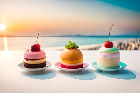 Colorful cakes on the table with sea and sky in the backgroundの素材