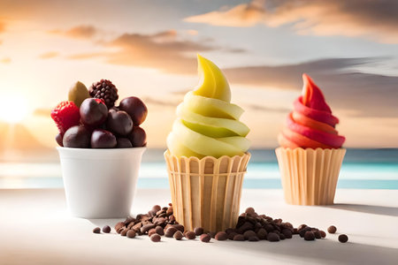 Colorful ice cream assortment , multi flavored frozen dessert on a white background, summer delicaciesの素材
