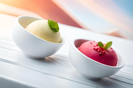 Colorful ice cream assortment , multi flavored frozen dessert on a white background, summer delicaciesの素材