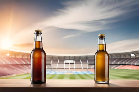 Fresh beer on wooden table in front of blurred stadium background, refreshing beer during sports event.の素材