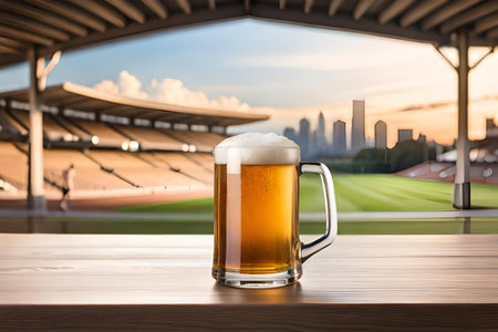 Fresh beer on wooden table in front of blurred stadium background, refreshing beer during sports event.の素材