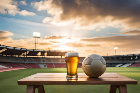 Fresh beer on wooden table in front of blurred stadium background, refreshing beer during sports event.の素材