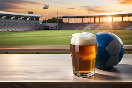 Fresh beer on wooden table in front of blurred stadium background, refreshing beer during sports event.の素材