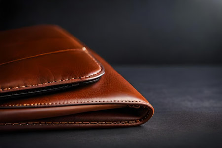 Brown leather wallet on black leather background. Close-up. Selective focus.の素材