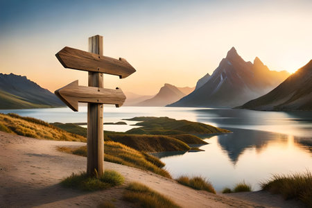 blank empty Wooden signpost template , destination and direction indicating signboardの素材