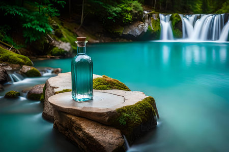 water bottle advertising , fresh mineral water bottle in a beautiful natural landscape , freshness and purityの素材