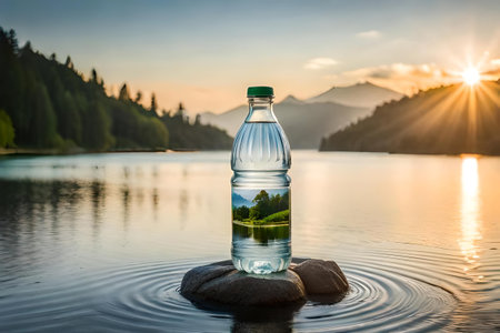 water bottle advertising , fresh mineral water bottle in a beautiful natural landscape , freshness and purityの素材