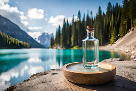 water bottle advertising , fresh mineral water bottle in a beautiful natural landscape , freshness and purityの素材