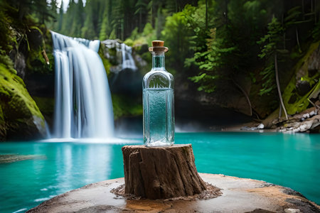 water bottle advertising , fresh mineral water bottle in a beautiful natural landscape , freshness and purityの素材