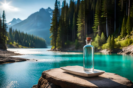 water bottle advertising , fresh mineral water bottle in a beautiful natural landscape , freshness and purityの素材