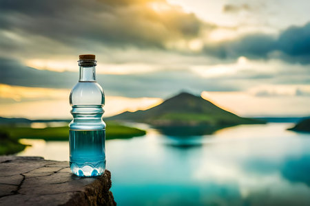 water bottle advertising , fresh mineral water bottle in a beautiful natural landscape , freshness and purityの素材