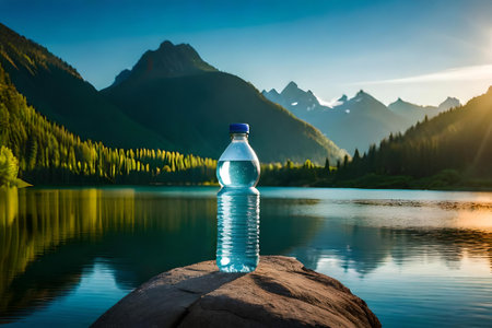 water bottle advertising , fresh mineral water bottle in a beautiful natural landscape , freshness and purityの素材