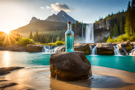 water bottle advertising , fresh mineral water bottle in a beautiful natural landscape , freshness and purityの素材