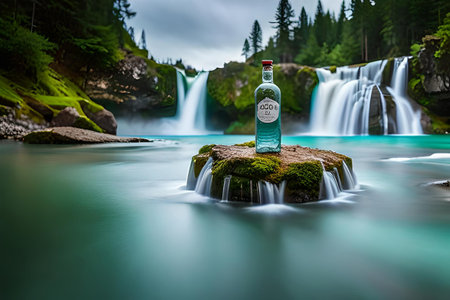 water bottle advertising , fresh mineral water bottle in a beautiful natural landscape , freshness and purityの素材