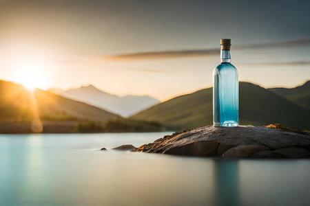 water bottle advertising , fresh mineral water bottle in a beautiful natural landscape , freshness and purityの素材