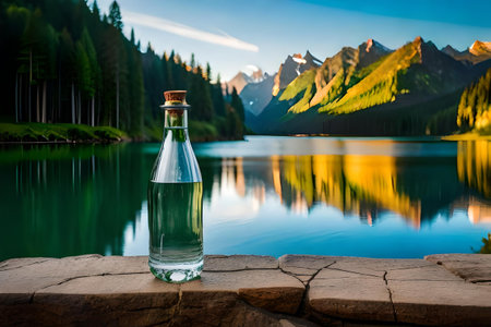 water bottle advertising , fresh mineral water bottle in a beautiful natural landscape , freshness and purityの素材