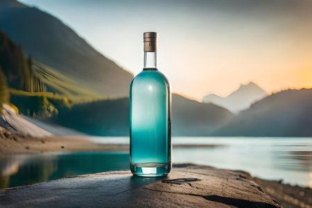 water bottle advertising , fresh mineral water bottle in a beautiful natural landscape , freshness and purityの素材