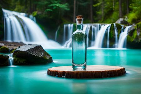 water bottle advertising , fresh mineral water bottle in a beautiful natural landscape , freshness and purityの素材