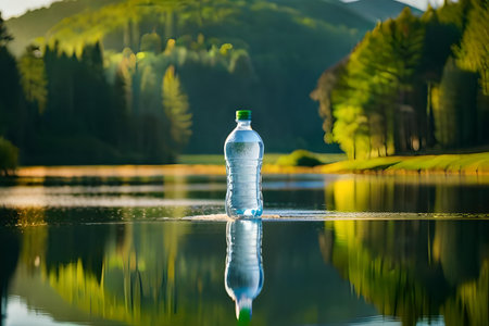 water bottle advertising , fresh mineral water bottle in a beautiful natural landscape , freshness and purityの素材