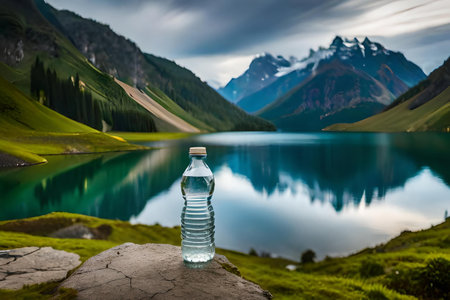 water bottle advertising , fresh mineral water bottle in a beautiful natural landscape , freshness and purityの素材