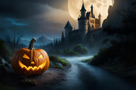 scary pumpkin illustration halloween scene , spookie atmosphereの素材