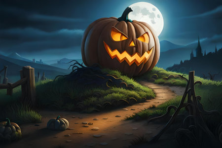 scary pumpkin illustration halloween scene , spookie atmosphereの素材