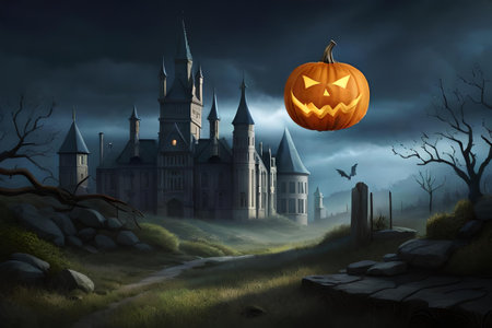 scary pumpkin illustration halloween scene , spookie atmosphereの素材
