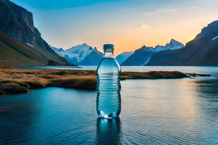 bottle of mineral water in cold landscape , branding template , pure waterの素材