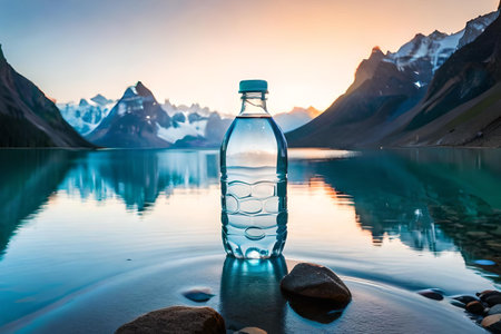 bottle of mineral water in cold landscape , branding template , pure waterの素材