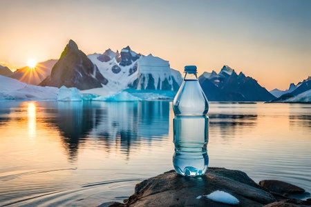 bottle of mineral water in cold landscape , branding template , pure waterの素材