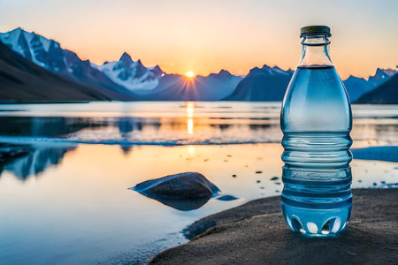 bottle of mineral water in cold landscape , branding template , pure waterの素材