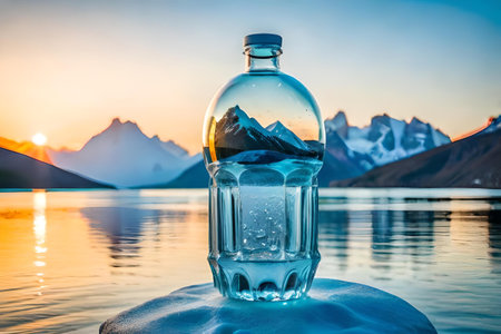 bottle of mineral water in cold landscape , branding template , pure waterの素材