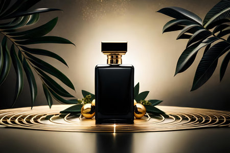 black floral perfume advertising template, dark and gold fragrance bottle mockupの素材