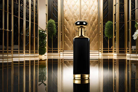 black floral perfume advertising template, dark and gold fragrance bottle mockupの素材