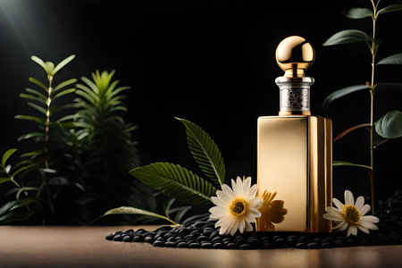 black floral perfume advertising template, dark and gold fragrance bottle mockupの素材