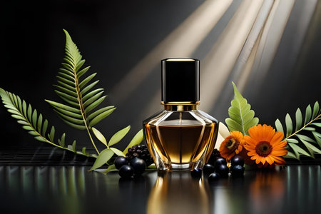 black floral perfume advertising template, dark and gold fragrance bottle mockupの素材