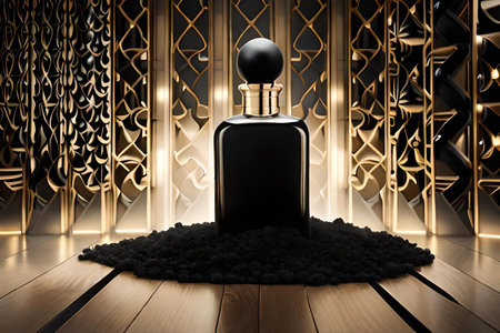 black floral perfume advertising template, dark and gold fragrance bottle mockupの素材